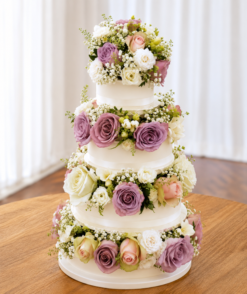 luxury florals on a white 3 tier cake by natasha coustol floral designs in yorkshire