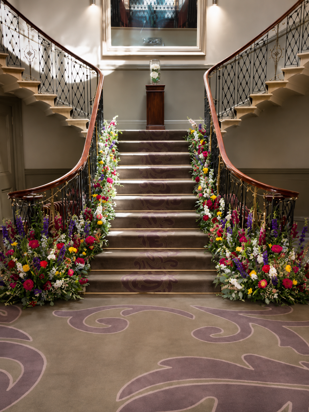 The Mansion, Leeds venue decor, staircase flowers the mansion, wedding florist the mansion,