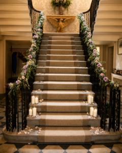 Bowcliffe Hall staricase flowers at bowcliffe hall wetherby wedding florist naatsha coustol
