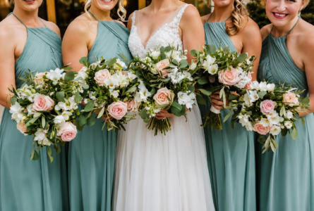 Tithe Barn tithe barn wedding boquuets bridal party flwoers blush