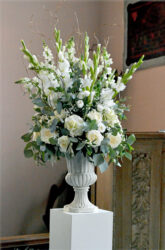 urn flowers white and green, York wedding florist